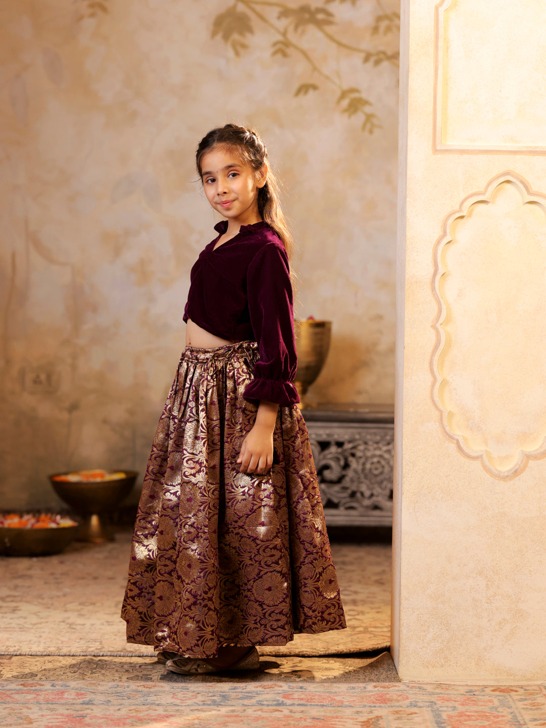 Velvet shirt with Brocade Jacquard floral Lehenga set