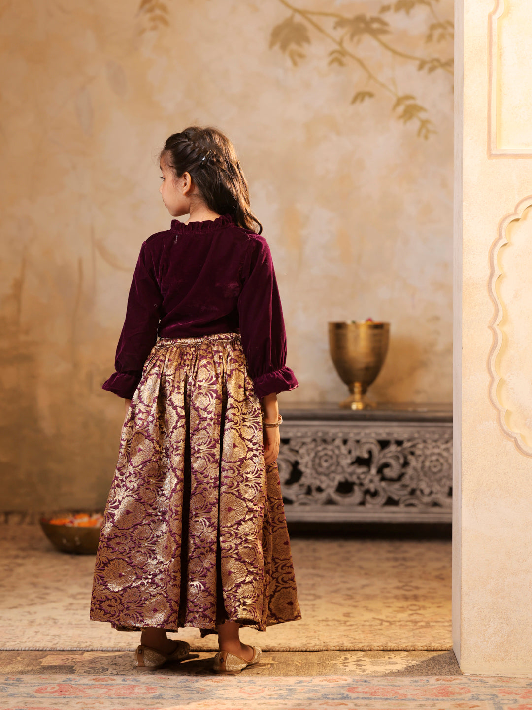Velvet shirt with Brocade Jacquard floral Lehenga set