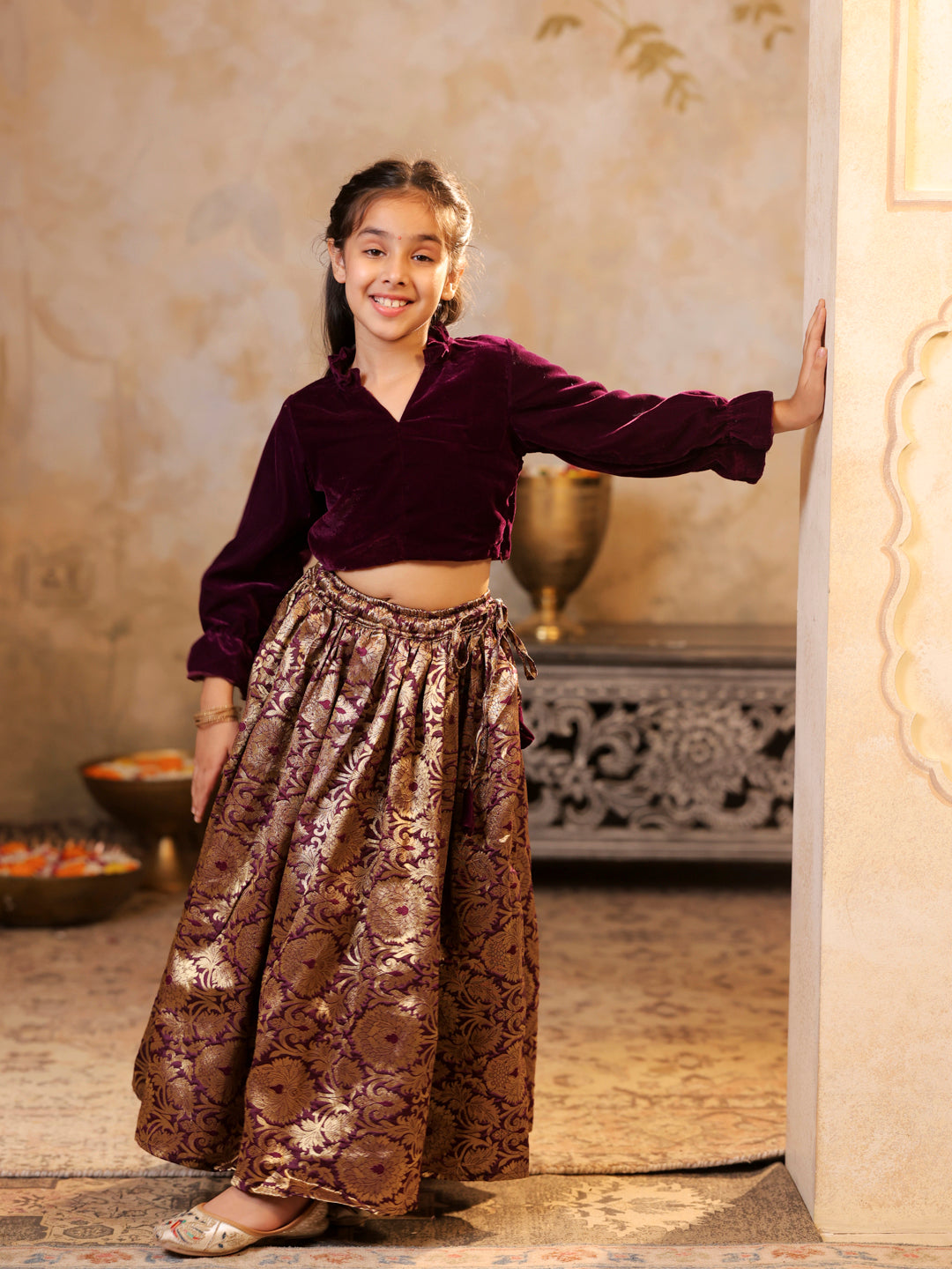 Velvet shirt with Brocade Jacquard floral Lehenga set