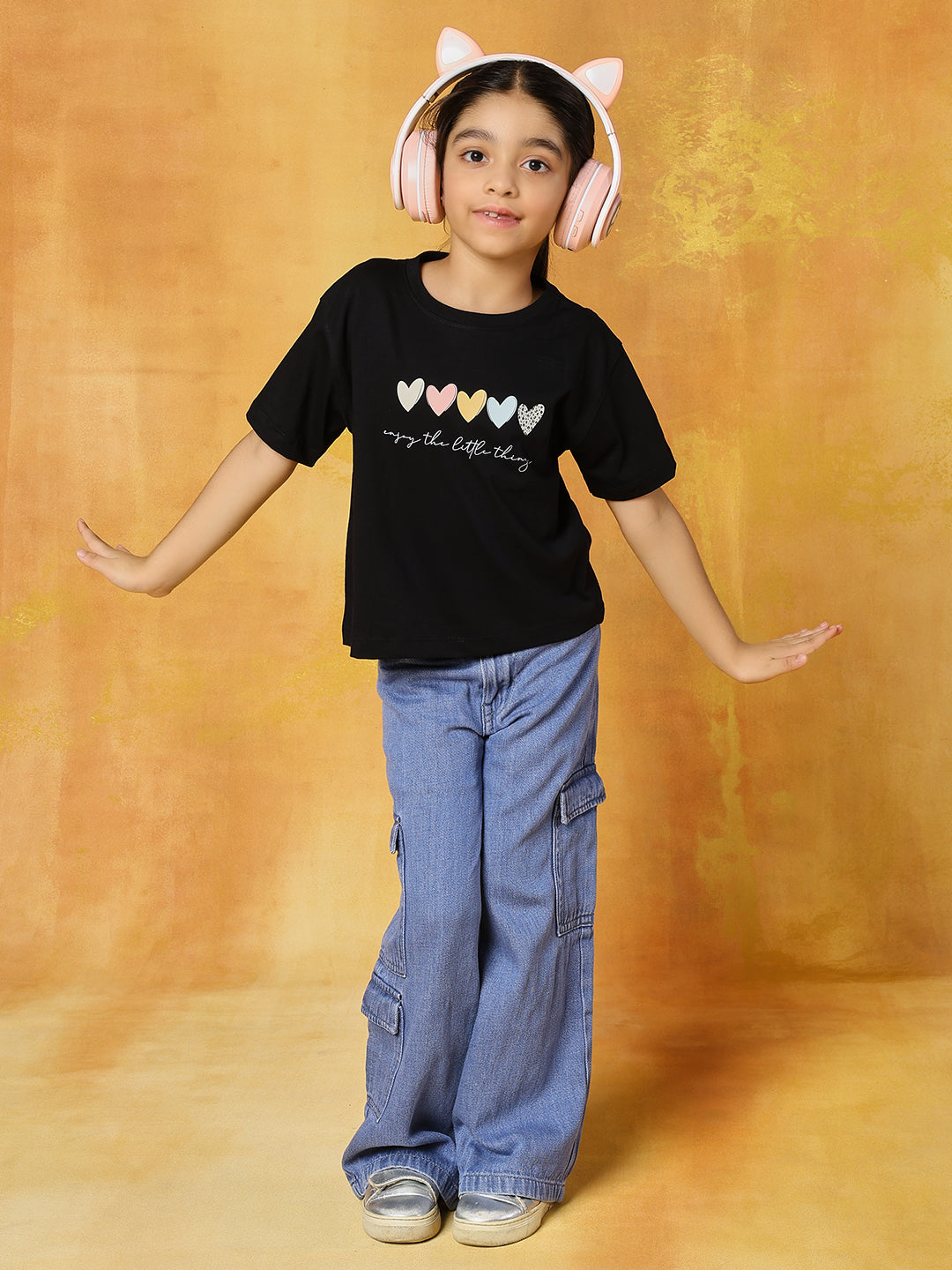 Pure cotton denim cargo with printed regular loose fit t-shirt